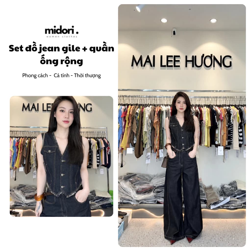 Set Jean Nữ Áo Gile Denim Cổ V Cài Nút Phối Quần Ống Rộng Cạp Cao Có Túi Style Hàn Quốc Midori Shop KK035