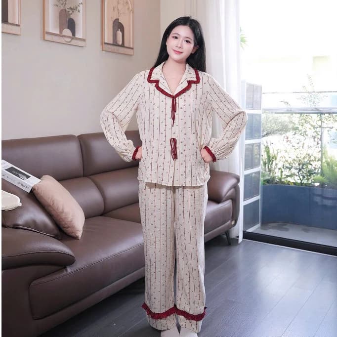 Pijama Nữ Cách Điệu Melliora Đũi Vân Mây Họa Tiết – Bộ Đồ Ngủ Dài Tay Cao Cấp BDD16