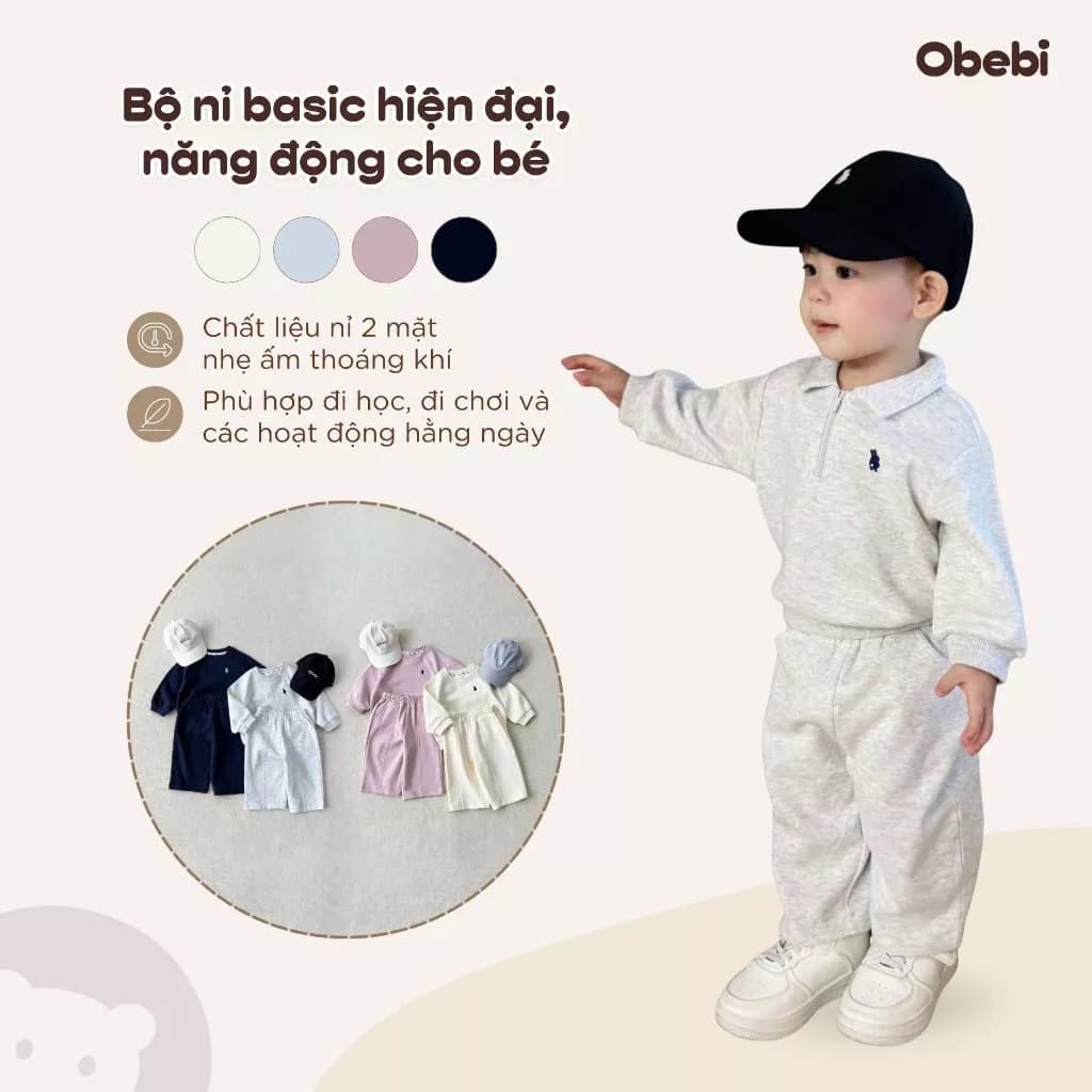 Bộ Nỉ Thu Đông Phong Cách Tối Giản Hiện Đại Thêu Thỏ Cho Bé Trai Bé Gái từ 8-23kg Obebi SB58