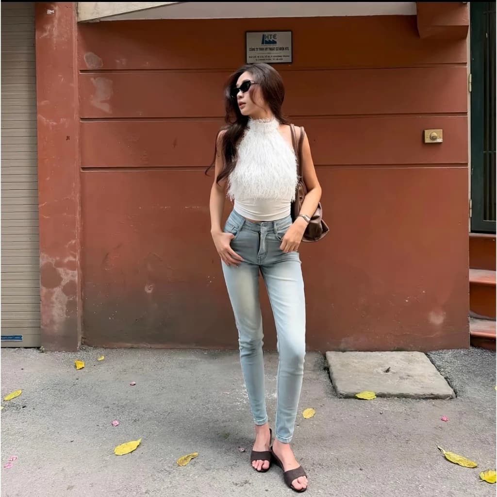 Quần Jean Skinny Nữ Xanh Nhạt Cạp Cao Ôm Dáng Tôn Chân Slim Fit Basic Thời Trang