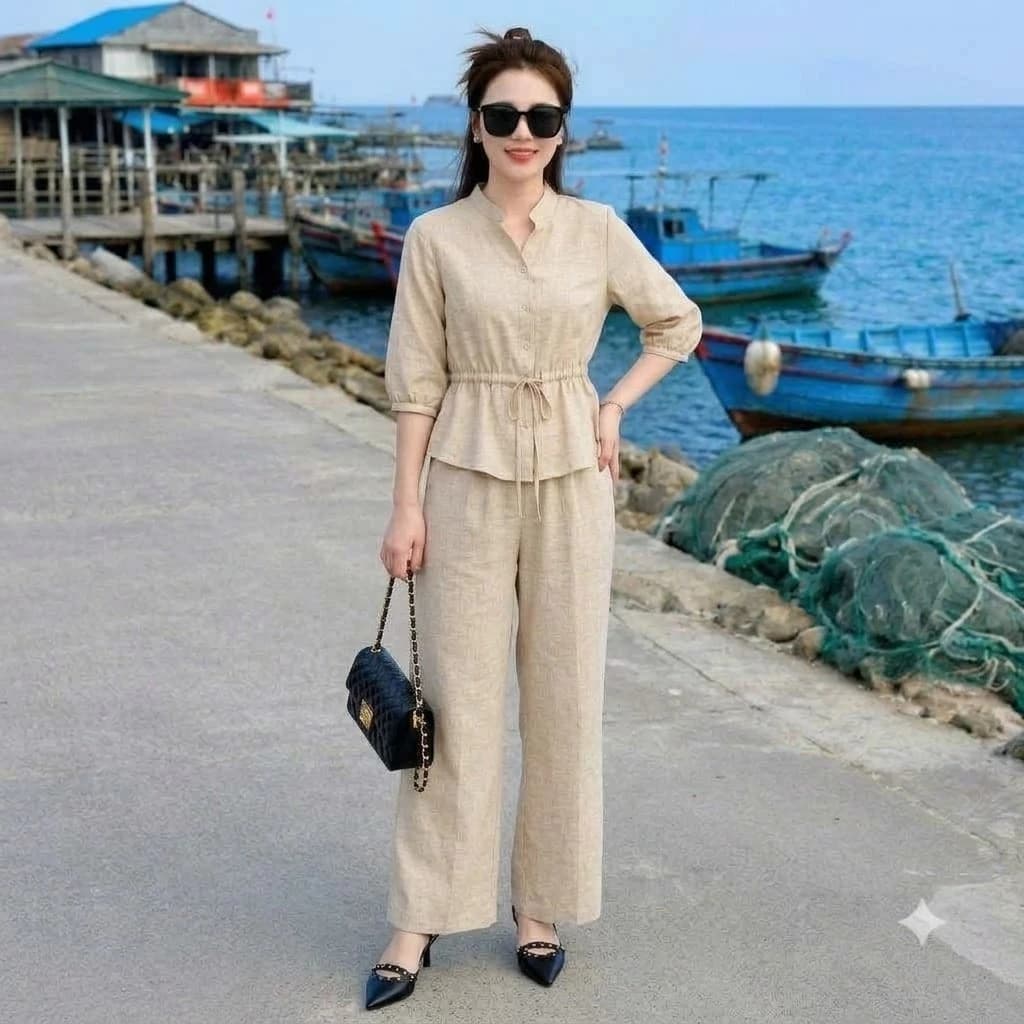 Bộ Đũi Buộc Dây Nữ Set Đồ Quần Áo Thời Trang Thanh Lịch Hàn Quốc Vải Đũi Mặc Thoải Mái Dễ Chịu