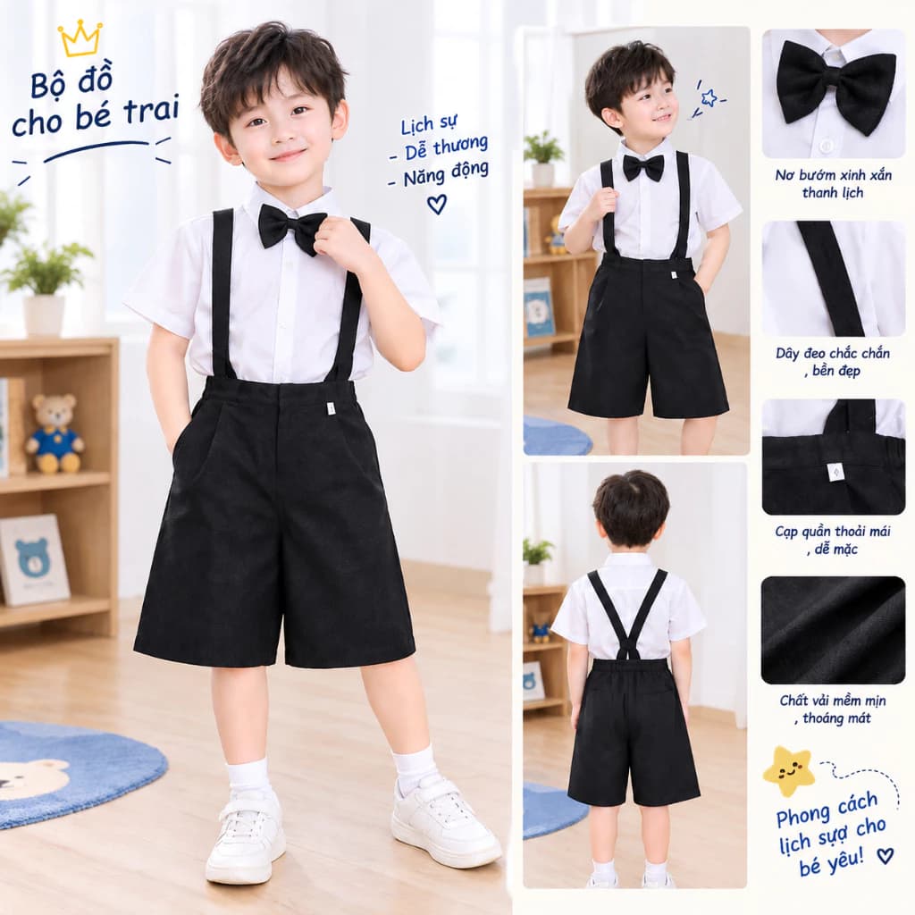Bộ Công Tử Màu Đen Áo Trắng và Quần ngắn . Bộ Quần Áo Kỷ Yếu Cho Bé Trai Mẫu Giáo, Cấp 1
