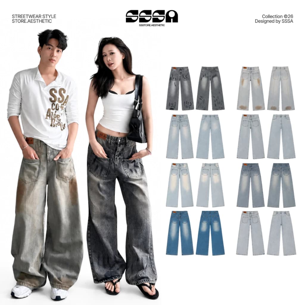 Quần Jean Ống Rộng Suông May Ngược Unisex Tôn Dáng Baggy Nam Nữ SSSTORE.Aesthetic - J16