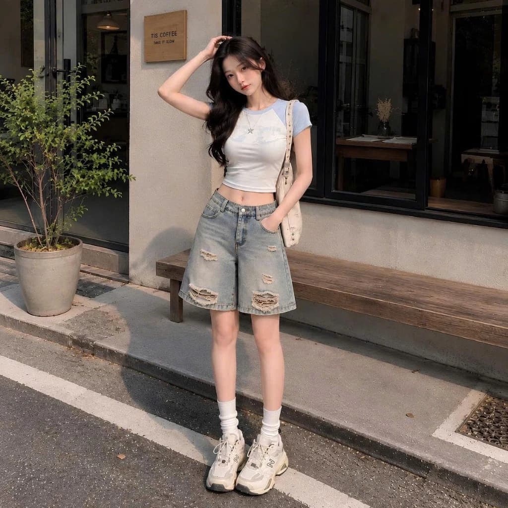 Quần jeans ngố nữ ống rộng rách gấu cá tính, quần bò lửng phong cách thời trang năng động ED17