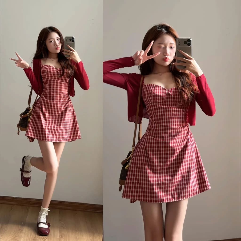 Set váy 2 dây caro kèm áo khoác cardigan XIXEOSHOP dáng xòe nhún eo kiểu xinh phong cách hàn quốc - V210,V220