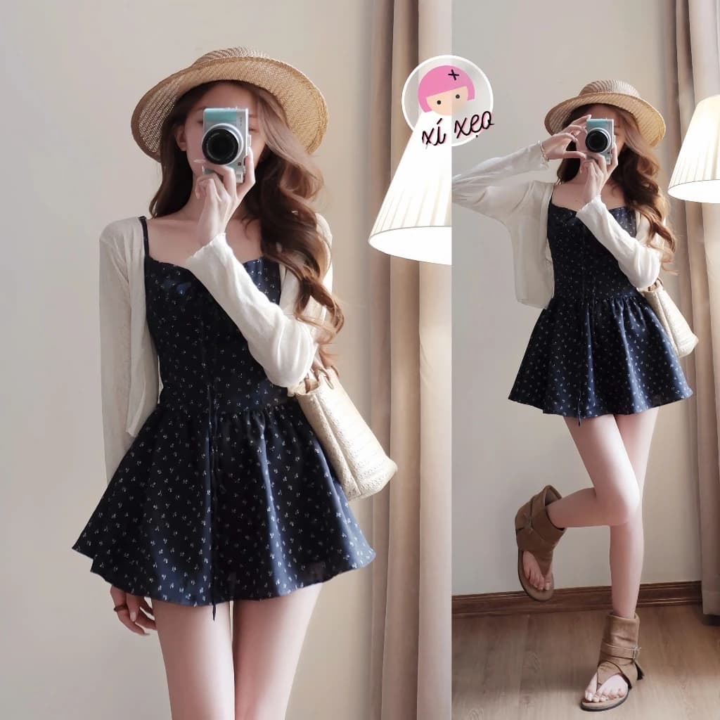 Set váy 2 dây  XIXEOSHOP hóa nhí dáng ngắn chun lưng phong cách tiểu thư - V280