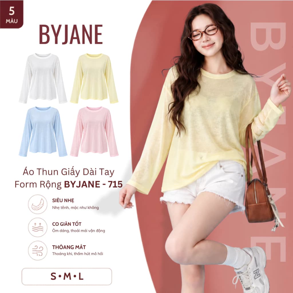 [ MỞ BÁN ] Áo Thun Nữ Dài Tay Chất Giấy Mỏng Nhẹ Form Rộng Thoáng Mát Basic BYJANE - 715