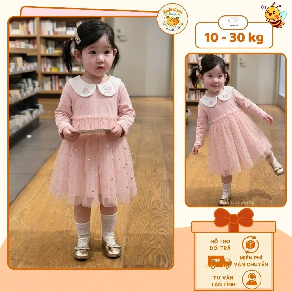 Váy Công Chúa Bé Gái Dài Tay Cổ Sen Phối Ren Đính Sao Váy Xòe Tiểu Thư Dễ Thương Cho Bé Gái