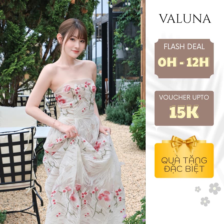 Đầm Cúp Ngực Thêu Hoa Kem Đỏ Dáng Dài Nữ Tính Sang Trọng Dự Tiệc Thanh Lịch VALUNA STORE 2786