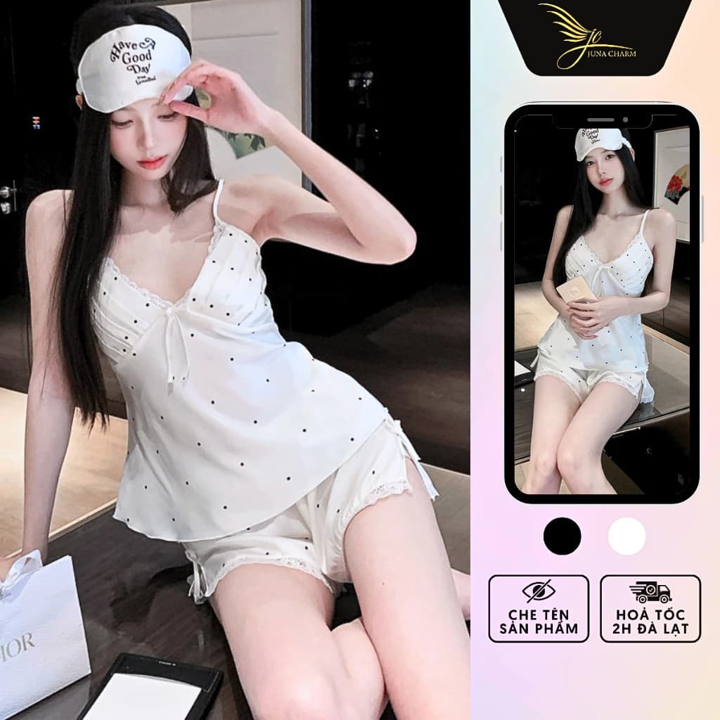 Bộ Ngủ 2 Dây Quần Đùi, Đồ Mặc Nhà Họa Tiết Chấm Bi JUNA Freesize Thời Trang Đồ Ngủ Dành Cho Nữ, Chất Lụa Cao Cấp/SP6418