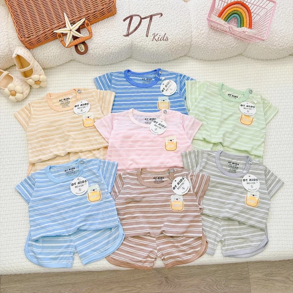Bộ cộc tay vải Petit kẻ cao cấp cho bé trai và bé gái từ 6 Kg đến 16 Kg