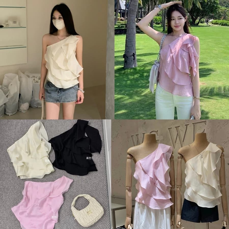 WGWE Studio Áo Croptop Lệch Vai, Bèo Xếp Tầng Áo Kiểu Nữ Trễ Vai Thanh Lịch 9396