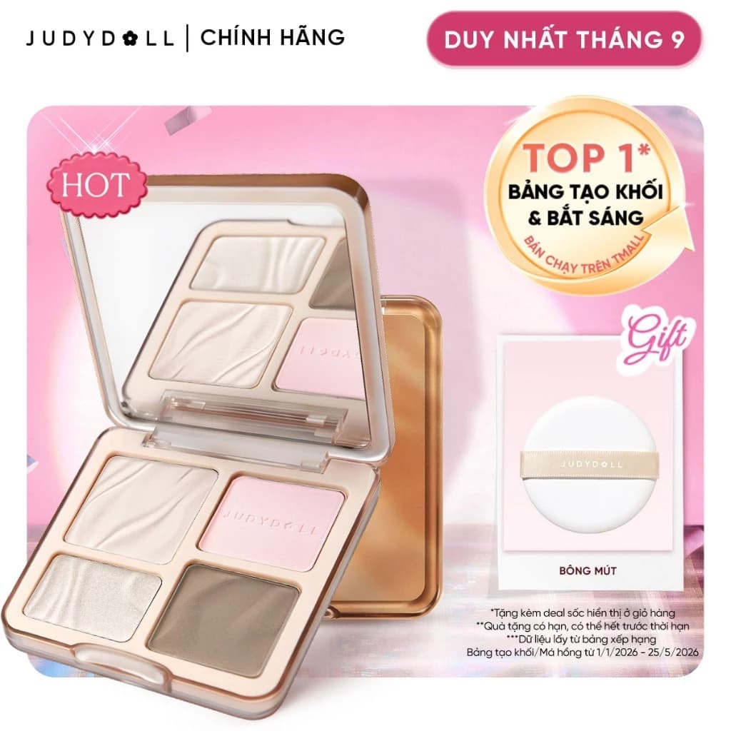 JUDYDOLL Phấn bắt sáng tạo khối 4 ô Highlight Contour Palette Tự nhiên Lâu trôi Chống nước 9g