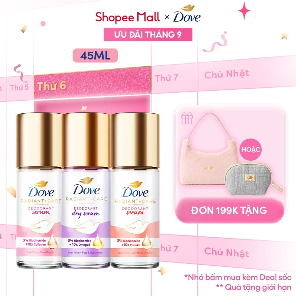 Lăn ngăn mùi dưỡng sáng cao cấp Dove tinh chất serum dành cho nữ với 3% Niacinamide 45ml