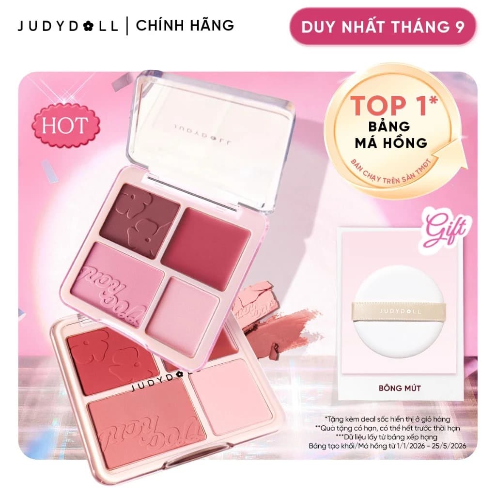 JUDYDOLLL Bảng Phấn Má hồng & Bắt sáng 4 ô 2-Trong-1 Blush & Highlight Palette 9g