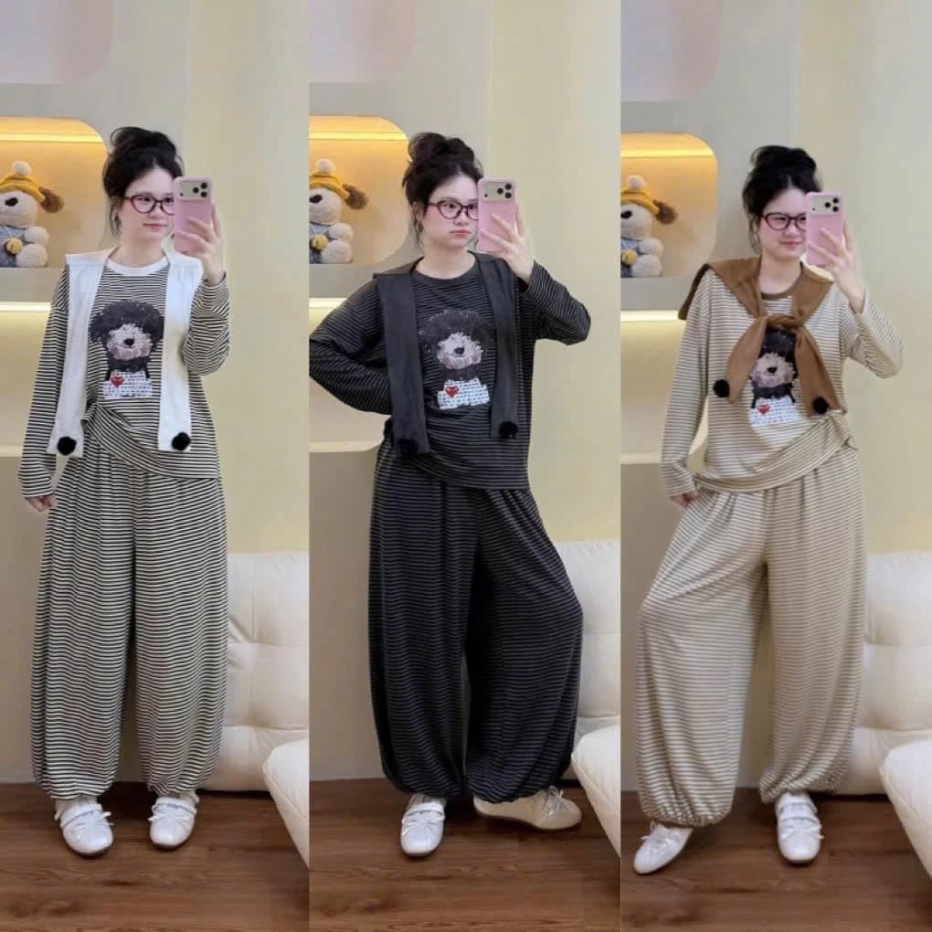 Set bộ dài tay cho nữ in hình cún dễ thương kẻ sọc kèm khăn chất len form dưới 62kg