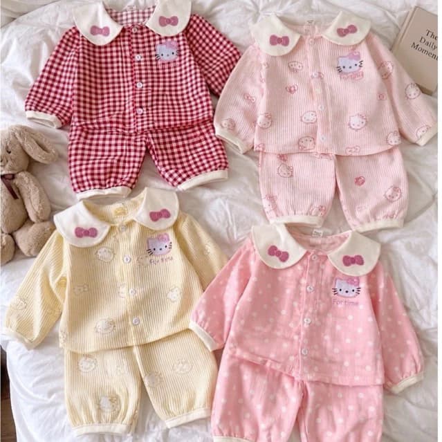 Đồ bộ thu đông cho bé gái sz 6-18kg đính pk mèo kitty, bộ pijama cho bé gái siêu xinh chất đũi xốp mềm