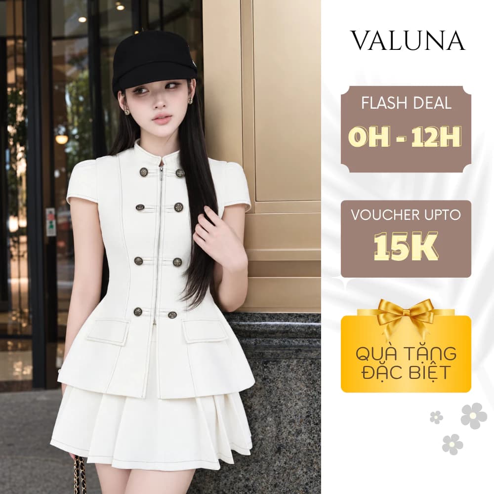 Set Vest Nữ Cổ Tàu Phối Khuy Kim Loại Áo Chiết Eo Chân Váy Xếp Ly Thanh Lịch VALUNA STORE 2788