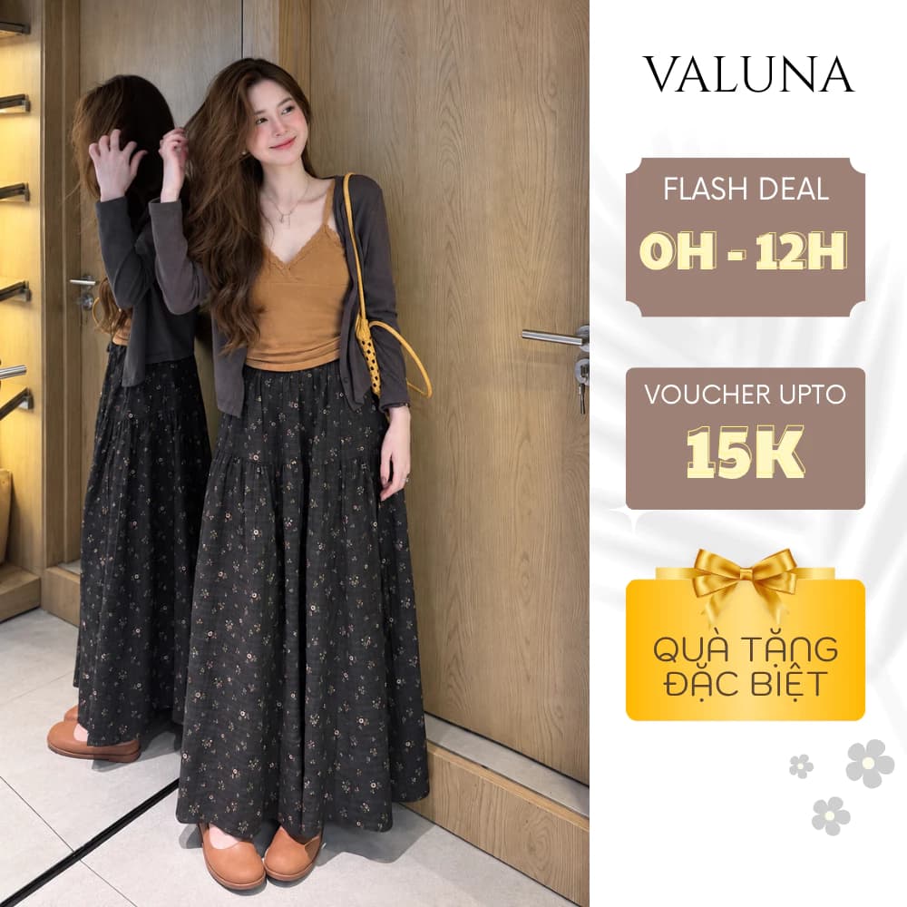 Set 3 Chi Tiết Nữ Áo 2 Dây Chân Váy Dài In Hoa Nhí Kèm Cardigan Phong Cách Vintage VALUNA STORE 2789