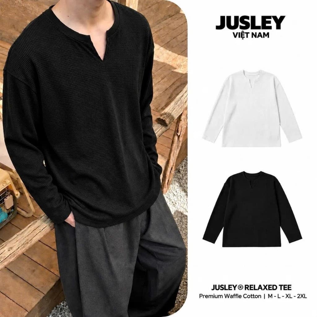 Áo Thun Dài Tay Cổ Xẻ Nam Nữ, Áo Phông Thu Đông Basic Waffle JUSLEY.