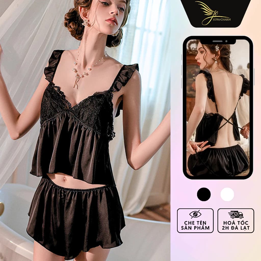 Bộ Ngủ 2 Dây Quần Đùi, Đồ Mặc Nhà Sexy JUNA Freesize Thời Trang Đồ Ngủ Dành Cho Nữ, Chất Lụa Phối Ren, Màu Đen/SP6418