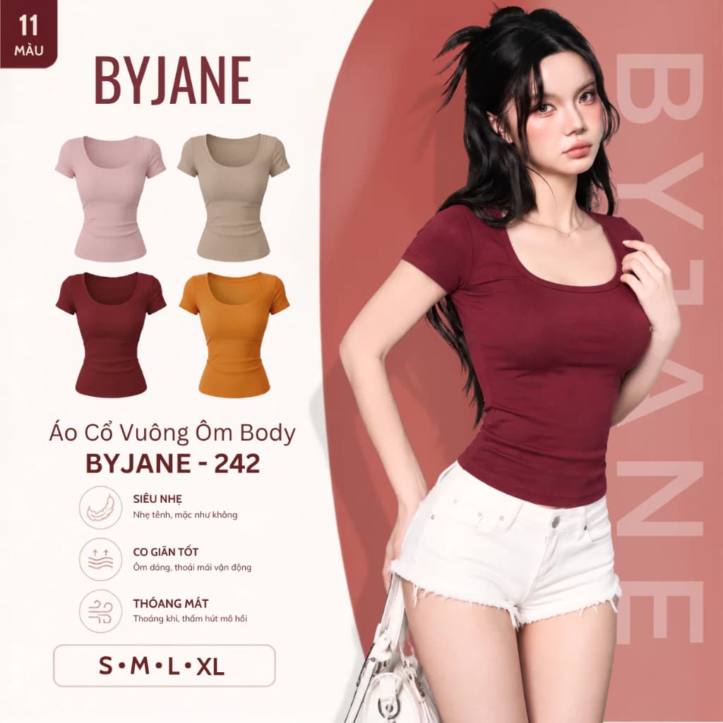 [ MÀU MỚI ] Áo Thun Nữ Cổ Vuông Ôm Body Tay Ngắn Chất Thun Mịn Co Giãn 4 Chiều Mềm Mịn Tôn Dáng Basic BYJANE – 242