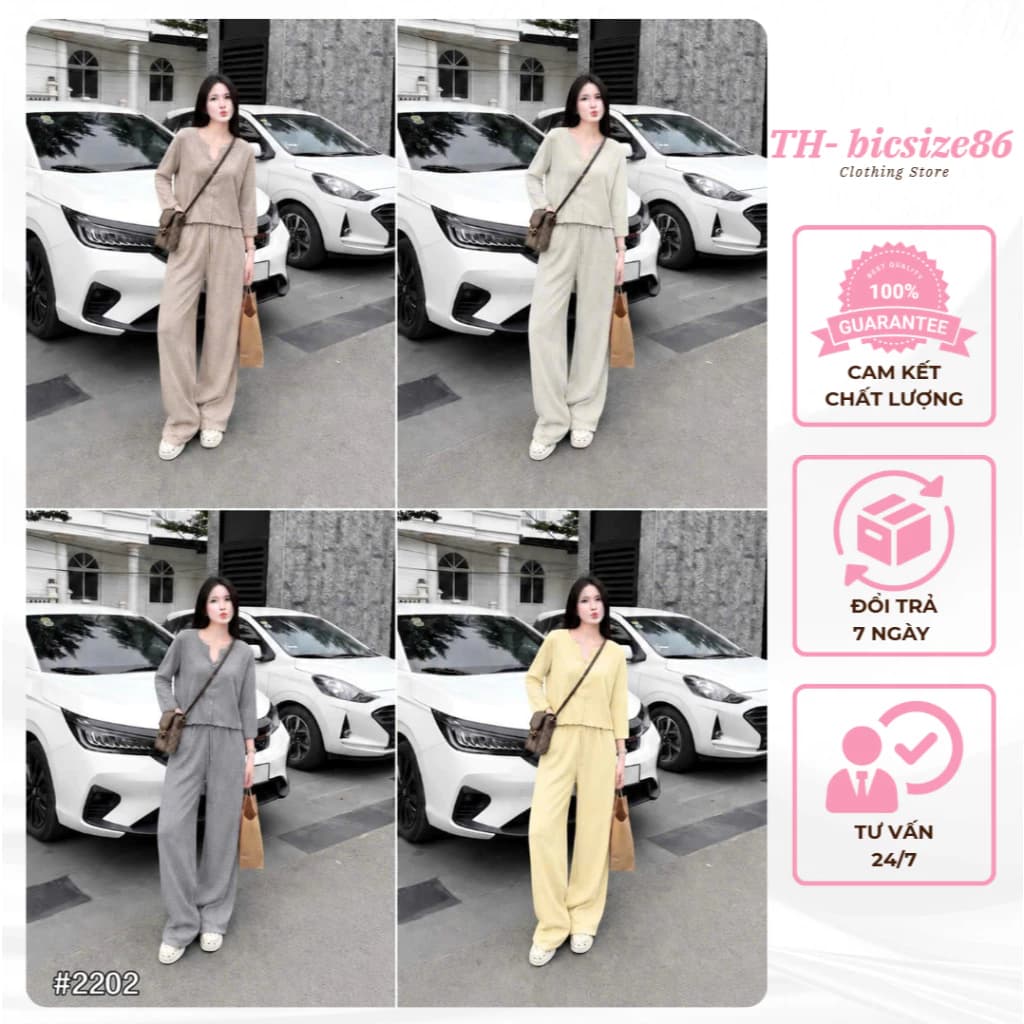 Set len thỏ 3 chi tiết: khoác tay dài + áo 2s khuy cổ + quần xuông form dưới 60kg