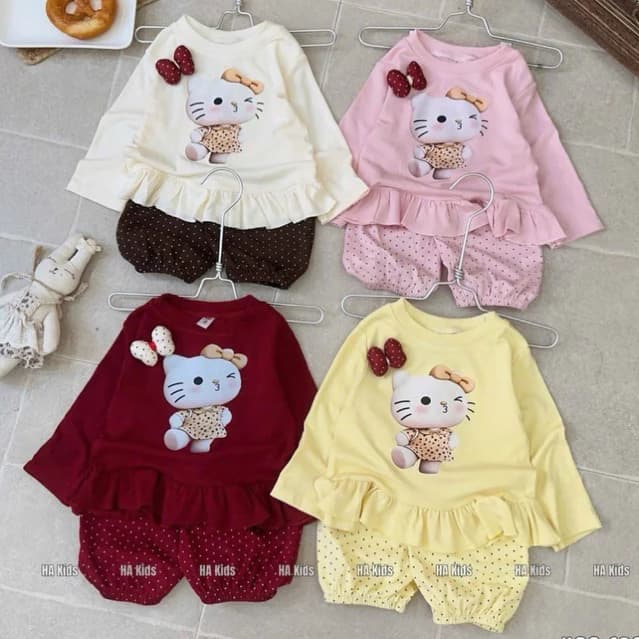 Đồ bộ dài tay thu đông cho bé gái sz 8-18kg đính phụ kiện, bộ quần áo cho bé gái quần chấm bi hot hit