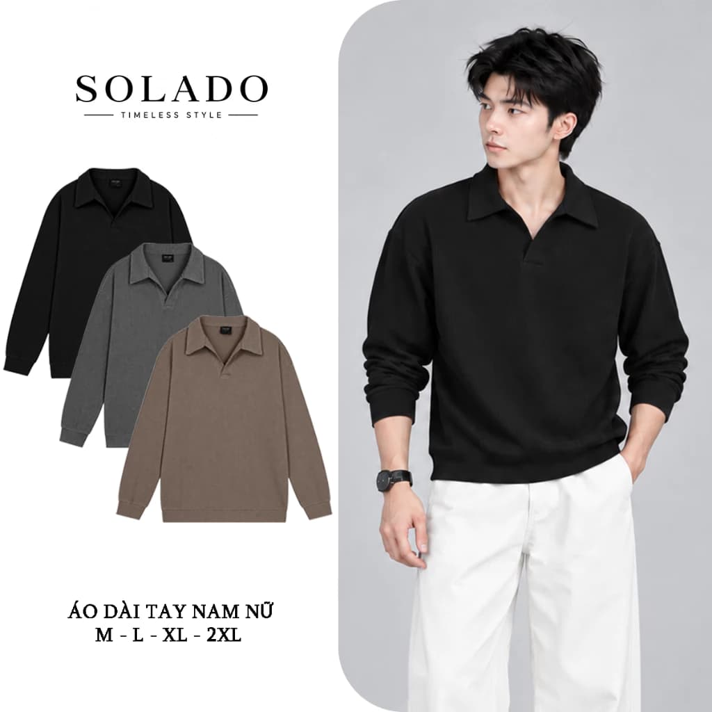 Áo Thun Nam SOLADO Cổ V Form Rộng Tay Dài Thoải Mái Đẹp Chuẩn Form Streetwear PLDT01