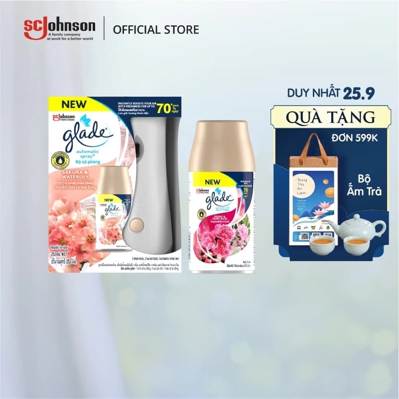 GLADE Combo Máy Xịt Hương hoa Anh Đào và hoa Súng + Lõi Xịt tự động Lưu Hương Bền Lâu Đến 70 ngày 252ml