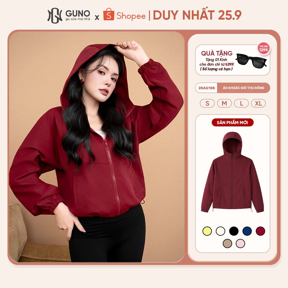 Áo Khoác Gió Nữ Thu Đông GUNO 1 Lớp Dày Dặn Có Mũ Trùm Đầu Chống Gió Chống Bụi Cao Cấp 26AG196