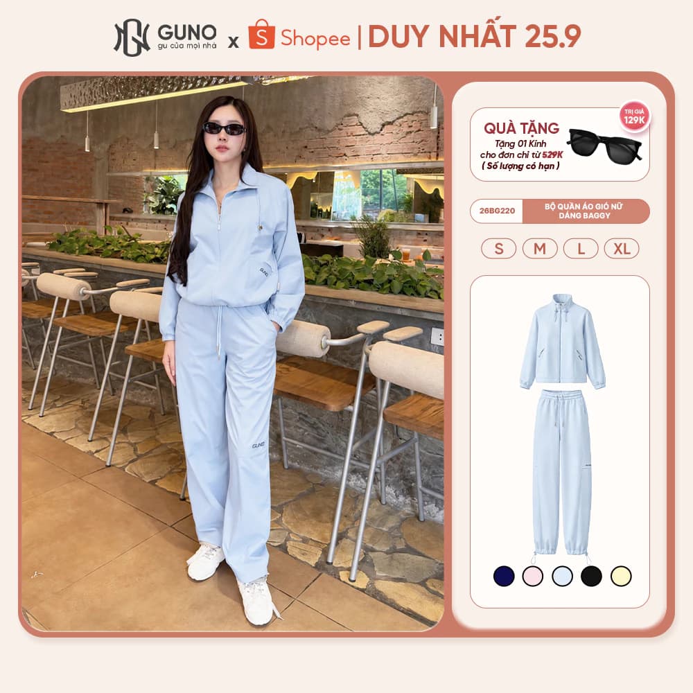 Bộ Quần Áo Gió Nữ GUNO 2 Lớp Cao Cấp Dáng Baggy Áo Khóa Kéo Kèm Quần Bo Gấu Có Dây Rút 26BG220