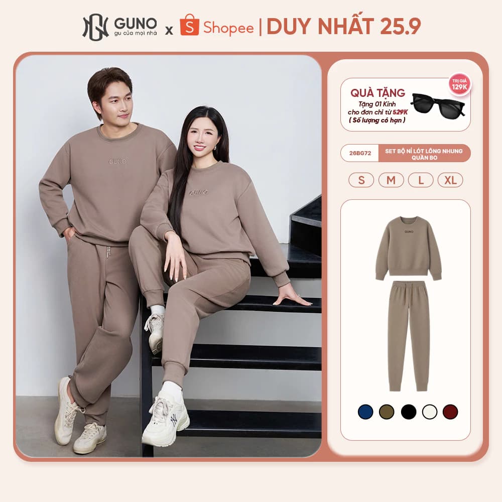 Bộ quần áo nỉ lót nhung nam nữ GUNO cao cấp siêu ấm cổ tròn thêu logo bo gấu thời trang 26BG72/BB73
