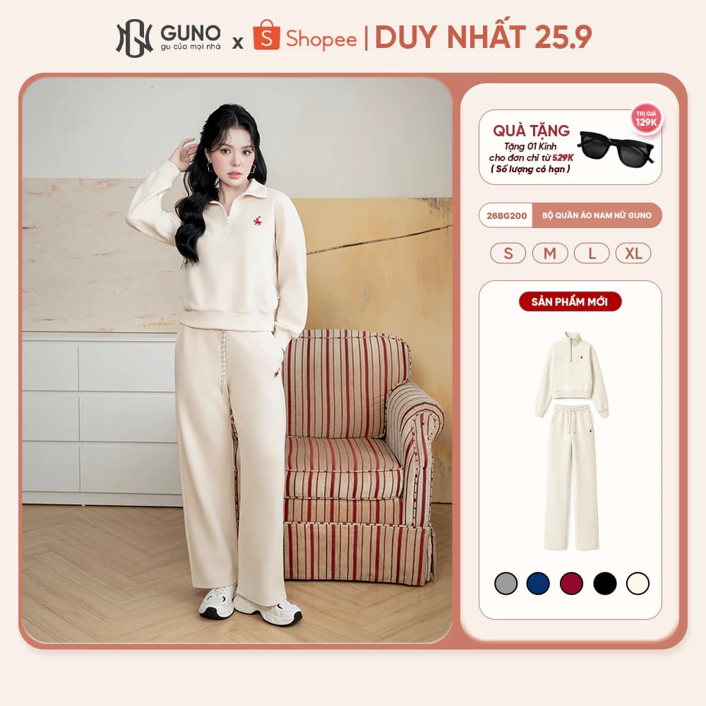 Bộ Quần Áo Nỉ Nữ GUNO Kéo Khóa Cổ Thêu Ngựa Kèm Quần Suông Hack Dáng Bộ Thu Đông Cao Cấp 26BG200