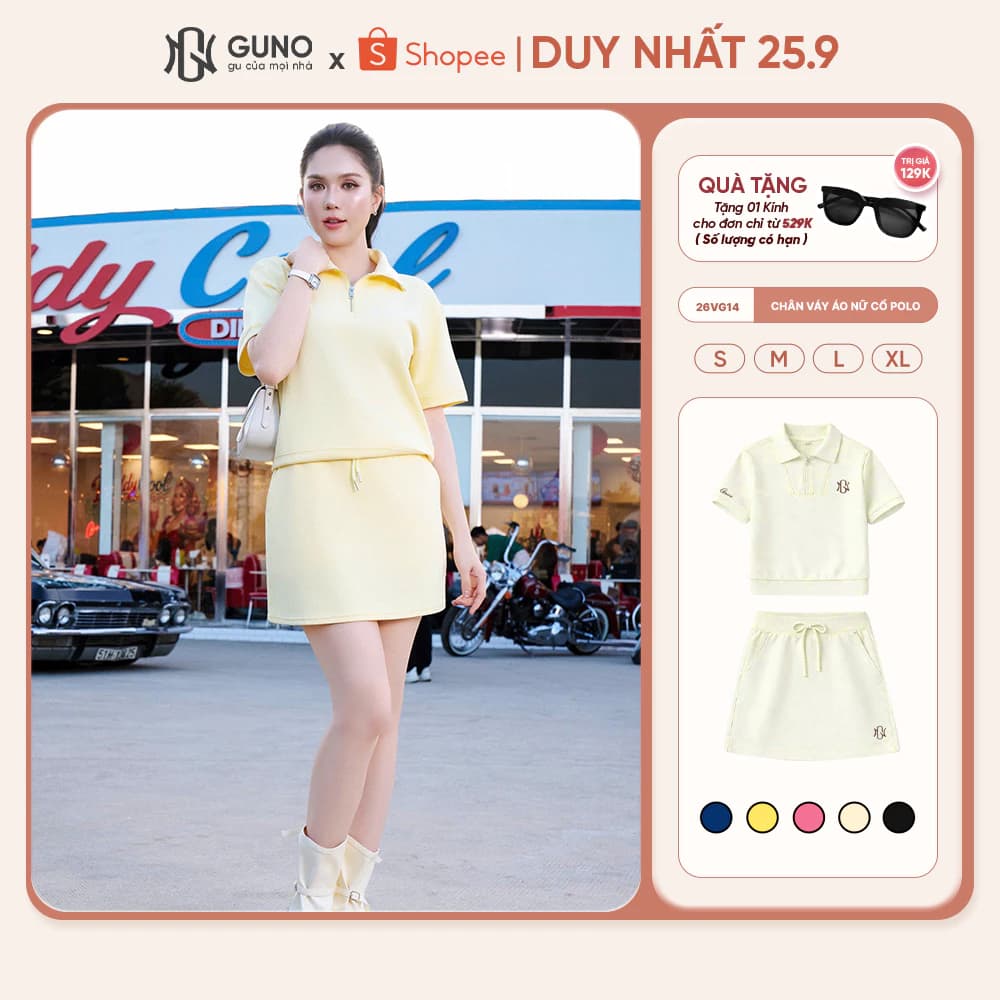 Set Váy Áo Nữ GUNO Vải Modal Cool Mềm Mát Cổ Polo Khóa Kéo Phối Sườn Logo Thêu Thời Trang 26VG14