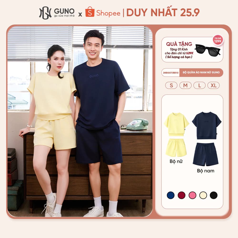 [BST MODAL COOL] Set Bộ Đồ Nam Nữ Cộc Tay GUNO Vải Modal Cool Mềm Mát Cổ Tròn Logo Thêu 26BG07/BB10