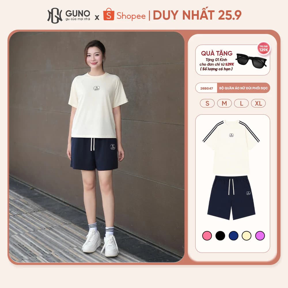 [COTTON MÁT] Set Bộ Đùi Nữ GUNO Chất Liệu Cotton Cao Cấp Thoáng Mát Tay Phối Sọc Năng Động 26BG47