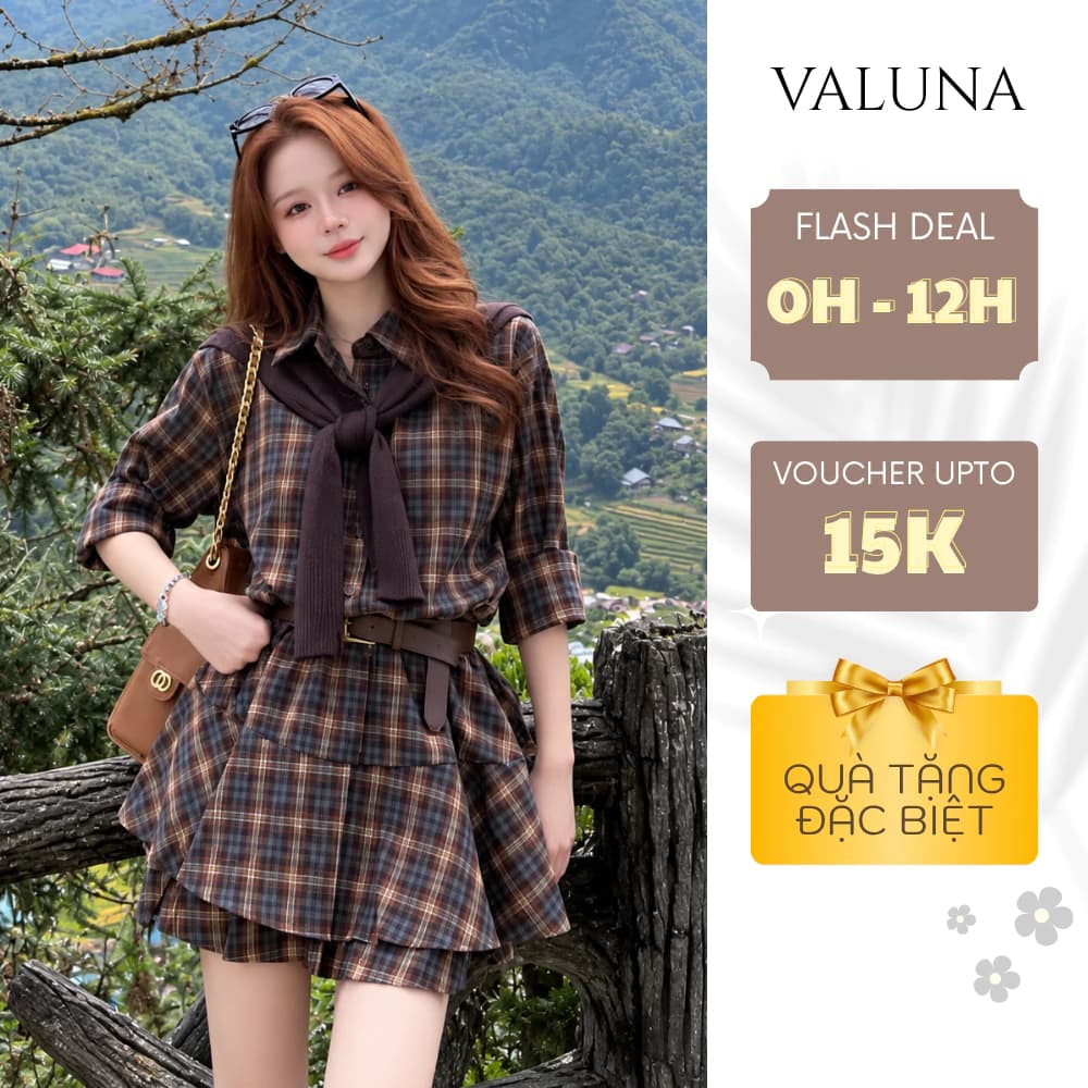 Váy Sơ Mi Kẻ Caro Nữ Dáng Ngắn Xếp Ly Kèm Khăn Choàng Phong Cách Vintage VALUNA STORE 2790