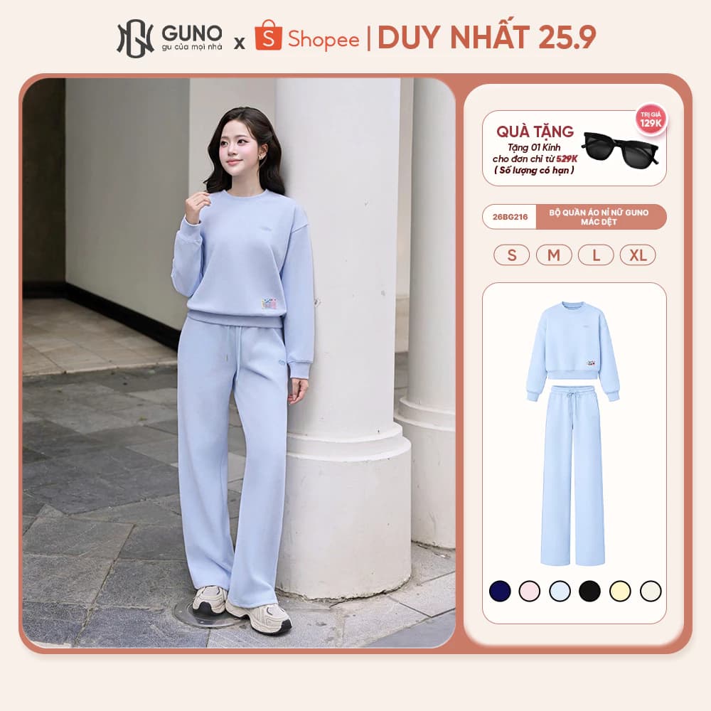 Bộ Quần Áo Nỉ Nữ GUNO Cổ Tròn Mác Dệt Kèm Quần Suông Hack Dáng Set Bộ Thu Đông Cao Cấp 26BG216