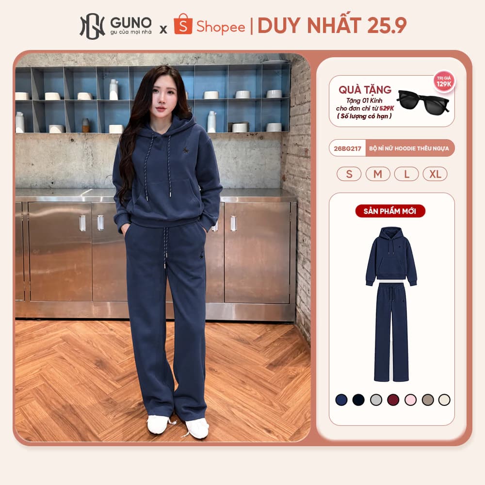 Bộ Quần Áo Nỉ Hoodie Nữ GUNO Nỉ Hai Da Dày Dặn Có Mũ Thêu Ngựa Kèm Quần Ống Suông Thời Trang 26BG217