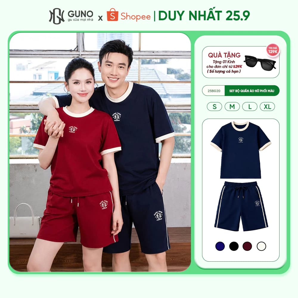 [BST THƠM MÁT] Bộ Quần Áo nữ GUNO THƠM MÁT cổ tròn phối màu quần đùi ngố logo thêu 26BG20/BB30