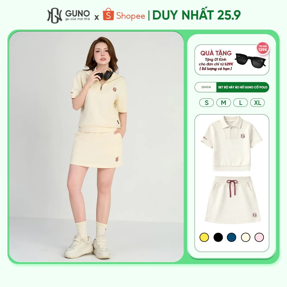 Set Bộ Váy Áo Nữ GUNO Vải Modal Cool Mềm Mát Cổ Polo Khóa Kéo Phối Sườn Logo Thêu 26VG14