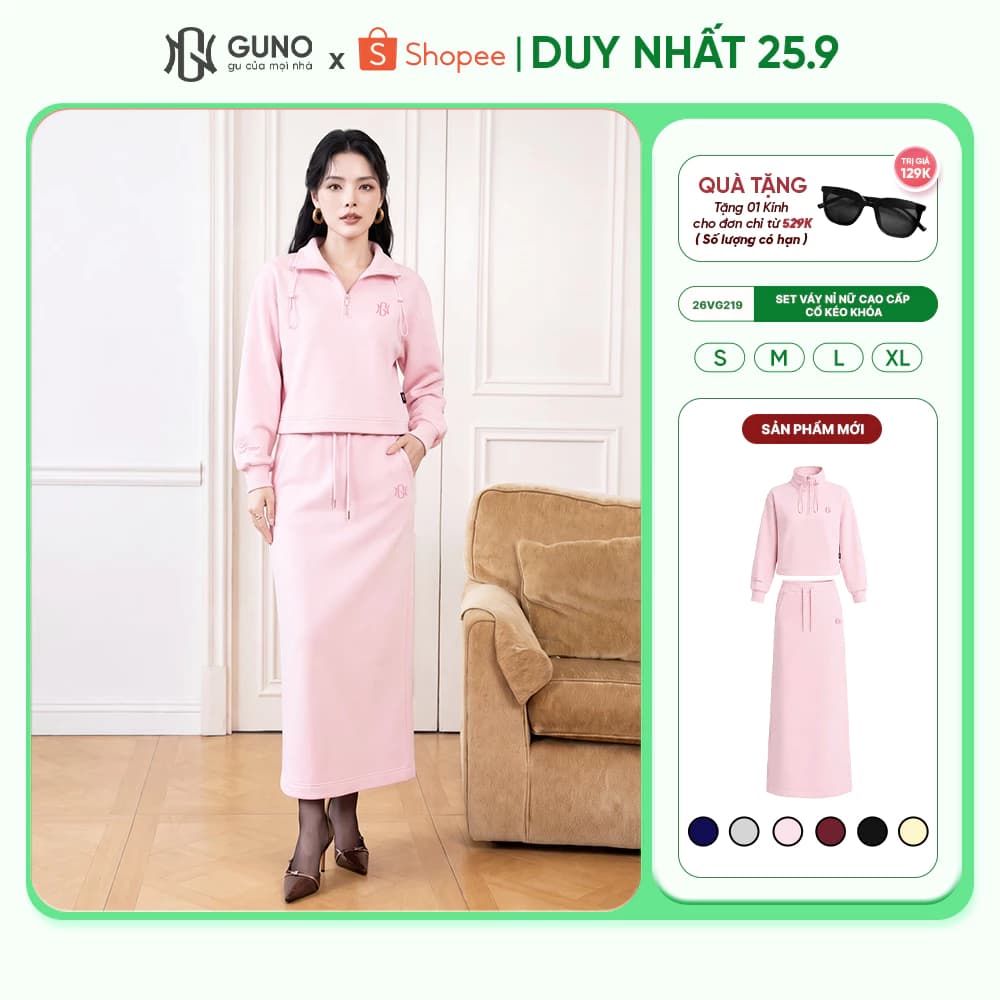 Set Váy Nỉ Nữ Thu Đông GUNO Phối Chân Váy Suông Chữ A Dáng Dài Cao Cấp Cổ Kéo Khóa Logo Thêu 26VG219
