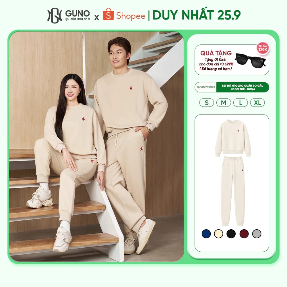Bộ quần áo nỉ nam nữ GUNO cao cấp cổ tròn thêu ngựa phối quần bo gấu thời trang 26BG192/BB193