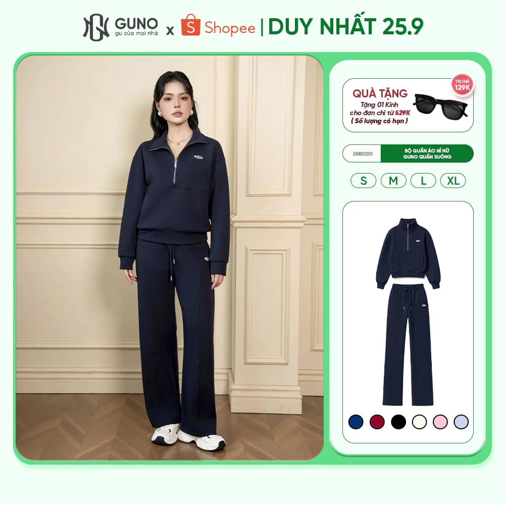Bộ quần áo nỉ nữ GUNO Polo cổ bẻ phối khoá thanh lịch thời trang quần suông basic 26BG201