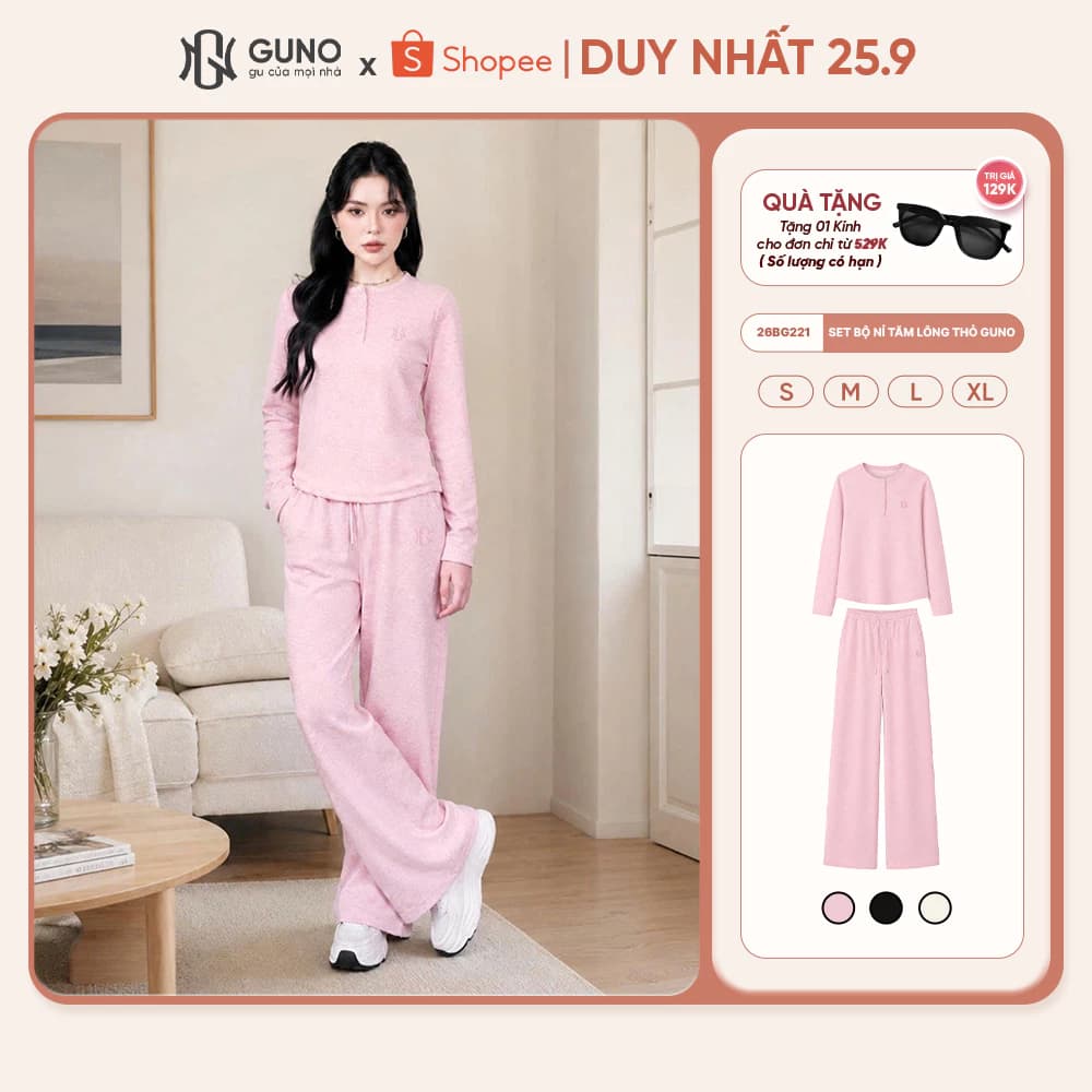 Bộ Quần Áo Thu Đông Nữ GUNO Nỉ Tăm Lông Thỏ Mềm Mịn Cổ Tròn Phối Cúc Kèm Quần Suông Basic 26BG221