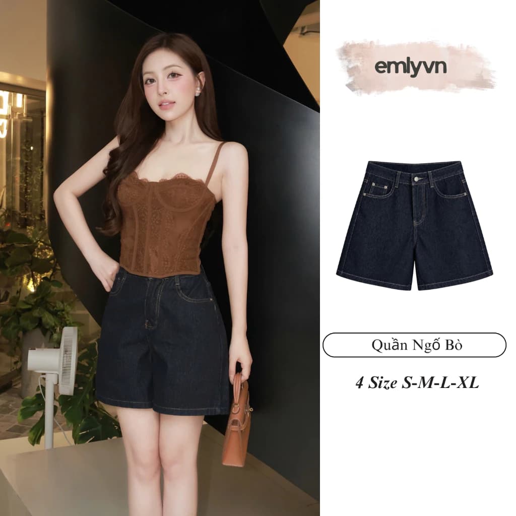 EMLY - Quần Ngố Bò Nữ Ống Rộng Dáng Đứng Cạp Cao, Quần Short Jean Nữ Trên Gối Cao Cấp