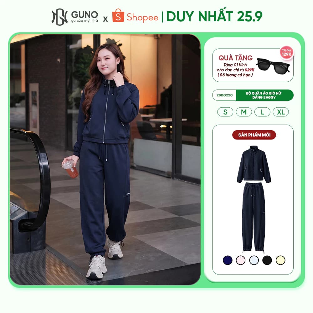 Bộ Quần Áo Gió Nữ GUNO 2 Lớp Dáng Baggy Năng Động Áo Khóa Kéo Kèm Quần Bo Gấu Có Dây Rút 26BG220