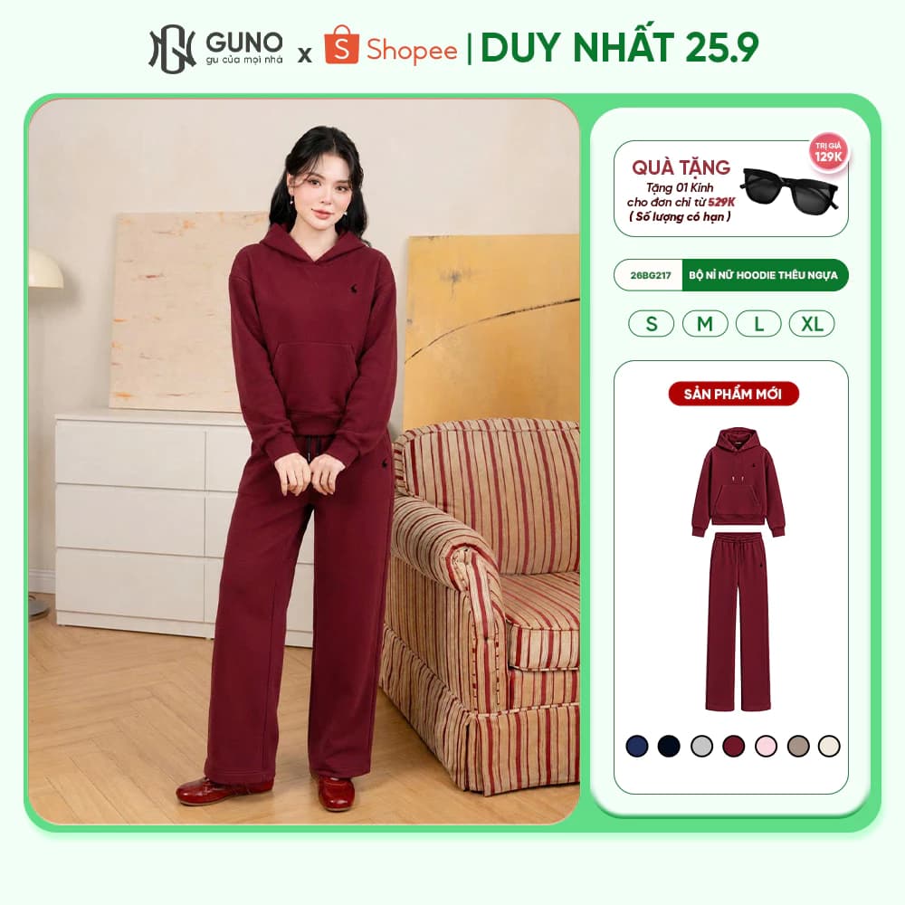 Set bộ quần áo Nữ GUNO Nỉ Hoodie có mũ logo thêu ngựa thời trang quần ống suông hack dáng 26BG217