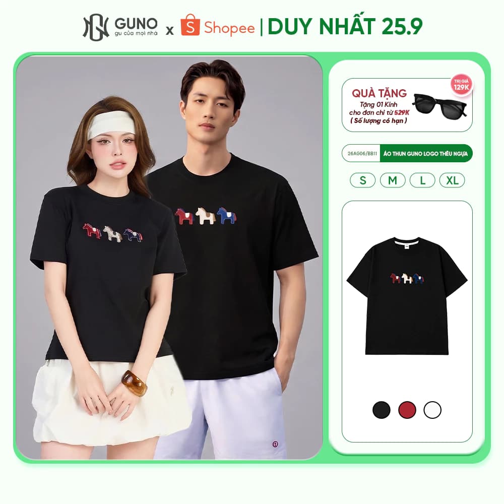 Áo Thun Nam Nữ Thêu Ngựa GUNO Trơn Màu Co Dãn 4 Chiều Thoáng Mát 26AG06/AB11